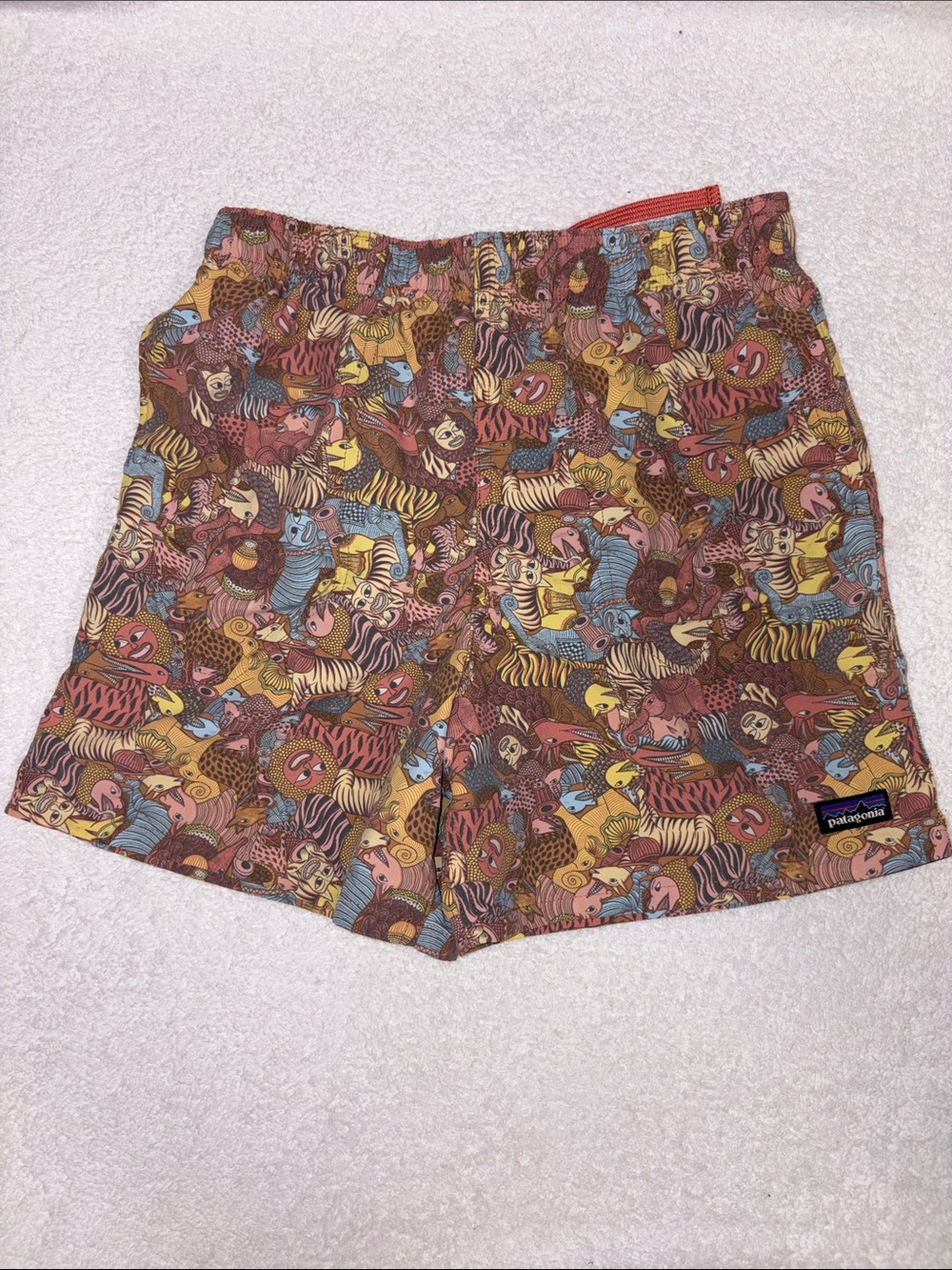 Patagonia baggies together trip brown animal print swim trunks size xl 14